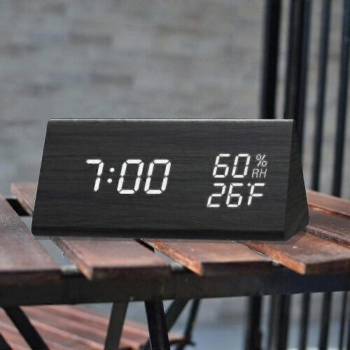 (Black white) Bedside Wooden Alarm Clock, Digital Dimmable Led Display-yujia 2