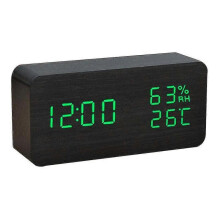 (Black wood green font) Bedside Wooden Alarm Clock, Digital Dimmable Led Display-yujia