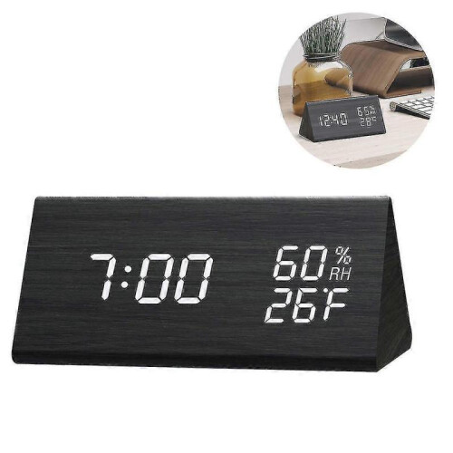 (Black white) Bedside Wooden Alarm Clock, Digital Dimmable Led Display-yujia 1