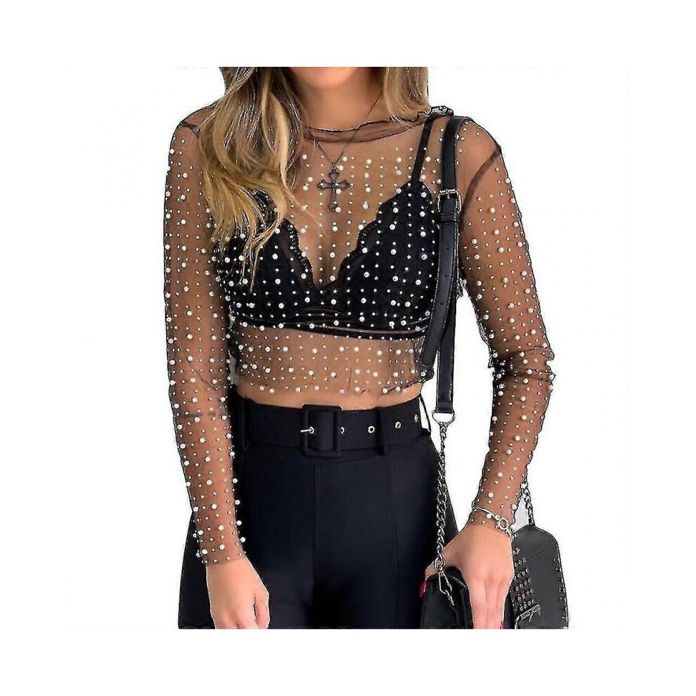(L,Black)Womens Long Sleeve Fairy See-through Mesh Crop Top Glitter Pearls Rhinestone Crew Neck Pullover Shirts Blouse Slim Cover Up Party Clubwear