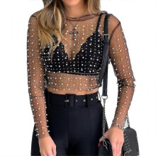 (M, Black) Womens Long Sleeve Fairy See-through Mesh Crop Top Glitter Pearls Rhinestone Crew Neck Pullover Shirts Blouse Slim Cover Up Party Clubwear