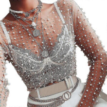 (S, White) Womens Long Sleeve Fairy See-through Mesh Crop Top Glitter Pearls Rhinestone Crew Neck Pullover Shirts Blouse Slim Cover Up Party Clubwear
