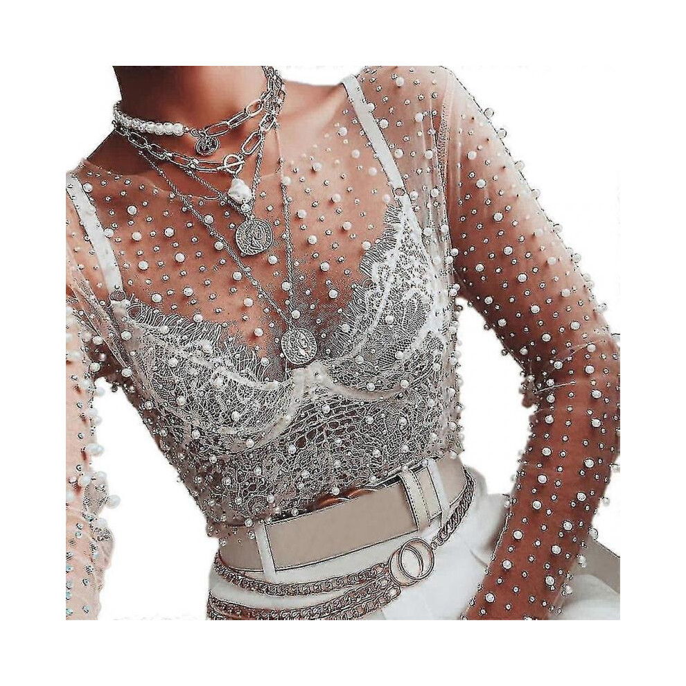 (S,White)Womens Long Sleeve Fairy See-through Mesh Crop Top Glitter Pearls Rhinestone Crew Neck Pullover Shirts Blouse Slim Cover Up Party Clubwear