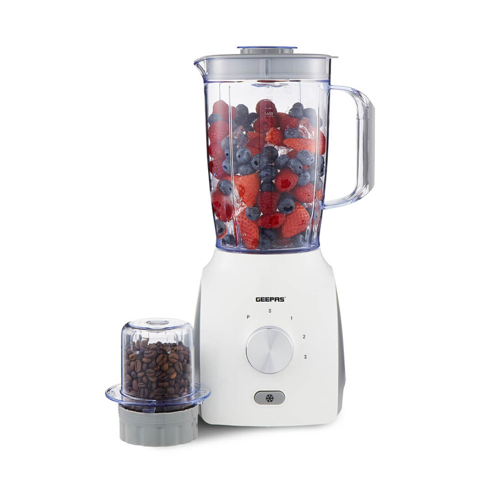 (White) GEEPAS 2-in-1 Food Jug Blender | 1.8L Juice Jar & 60G Mini Coffee Spice Mill | 6-Leaf Stainless-Steel Blades 3 Speed & Pulse Smoothie Maker