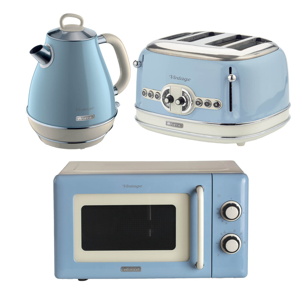 Ariete Vintage 1.7L Jug Kettle, 4 Slice Toaster & Microwave Blue Set