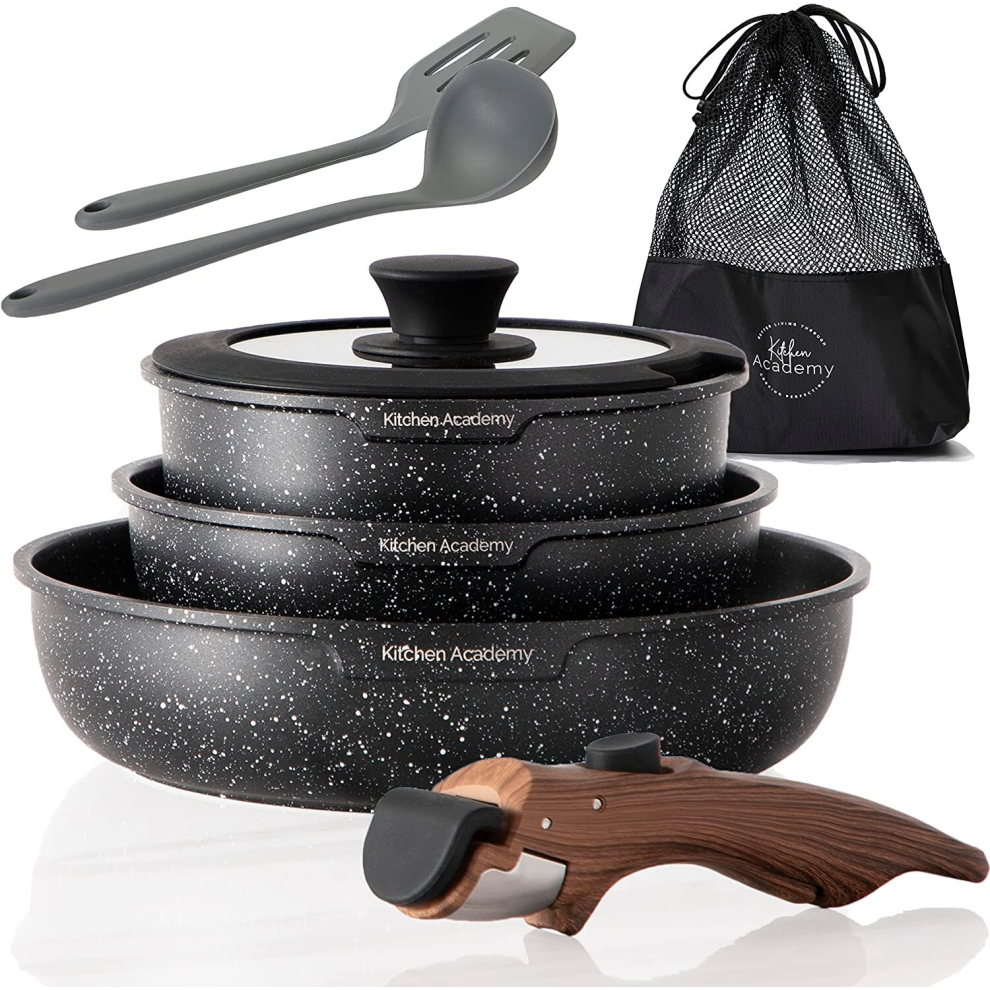 8 PCS Kitchen Cookware | Non-Stick Granite Pots and Pans Set w/ Removable Handle
