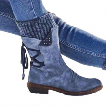 (36, Light Blue) Women's Winter Warm Back Lace Up Snow Boots With Thick Heel Vintage Style Design