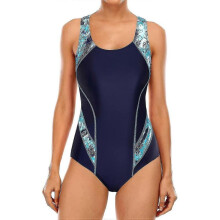 (12, 1-navy Blue Pattern) Women Sports One Piece Swimming Costumes Racerback Swimsuits Swimwear