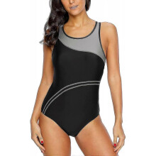 (12, Gray Black) Women Sports One Piece Swimming Costumes Racerback Swimsuits Swimwear