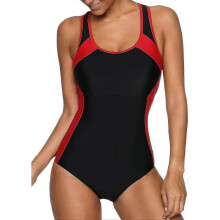 (12, 2-black Red) Women Sports One Piece Swimming Costumes Racerback Swimsuits Swimwear