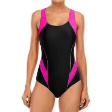 (12, Black Pink) Women Sports One Piece Swimming Costumes Racerback Swimsuits Swimwear