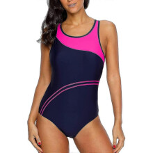 (16, Navy Pink) Women Sports One Piece Swimming Costumes Racerback Swimsuits Swimwear
