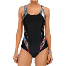 (16, 1-black Red Pattern) Women Sports One Piece Swimming Costumes Racerback Swimsuits Swimwear