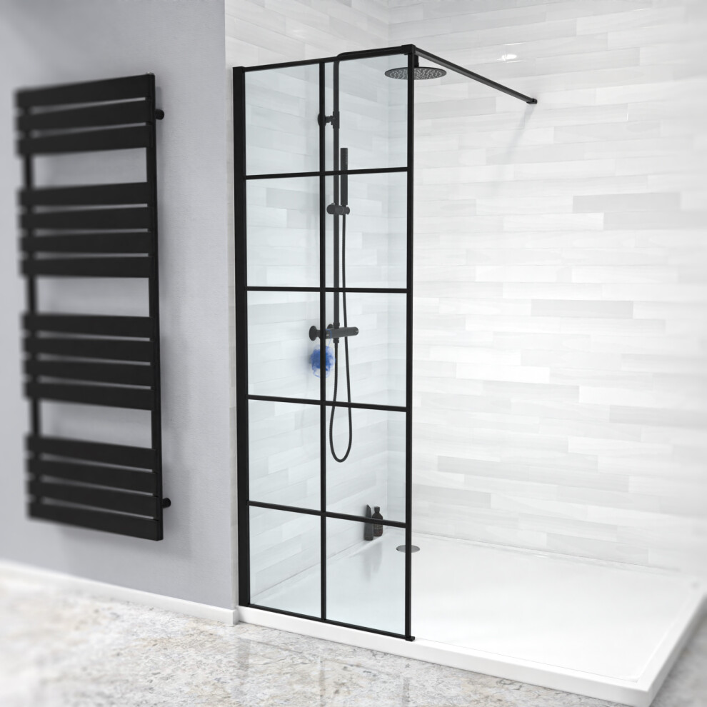 Stanley Black Grid 700mm Shower Screen 8mm Tempered Glass with Support Bar