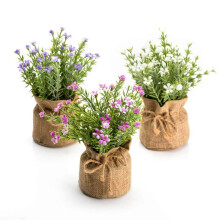 Babys Breath Artificial Flowers in Burlap Bag Vases 3Pcs - Gypsophila Faux Plants for Home, Office, Kitchen Decor