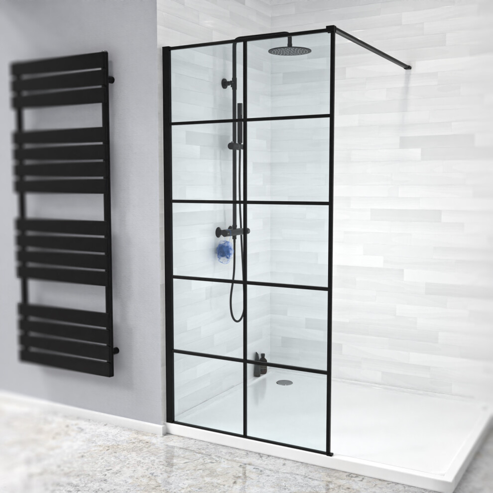 Stanley Black Grid 900mm Shower Screen 8mm Tempered Glass with Support Bar