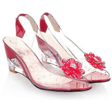 (39, Red) Studded Flower Design Transparent Sandals Peep Toe Heels Sandals Wedding Party Shoes For Women New
