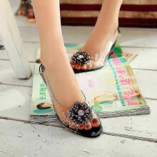 (38, Black) Studded Flower Design Transparent Sandals Peep Toe Heels Sandals Wedding Party Shoes For Women New