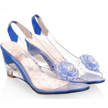 (38, Blue) Studded Flower Design Transparent Sandals Peep Toe Heels Sandals Wedding Party Shoes For Women New