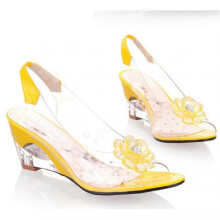 (41, Yellow) Studded Flower Design Transparent Sandals Peep Toe Heels Sandals Wedding Party Shoes For Women New
