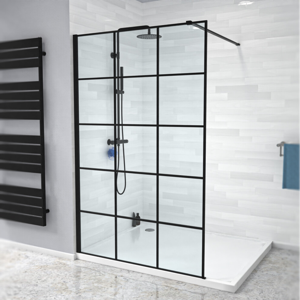 Nes Home Black Grid 1200Mm Shower Screen 8Mm Tempered Glass With Support Bar 8314083312809