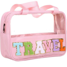 Chenille Letter Patch Clear PVC & PU Leather Large Travel Makeup Bag - Toiletry Tote for Women