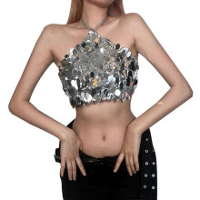 Casual sleeveless women's tank , fashionable, sexy, backless, sequins, cropped , 5 x women's tops size M silver