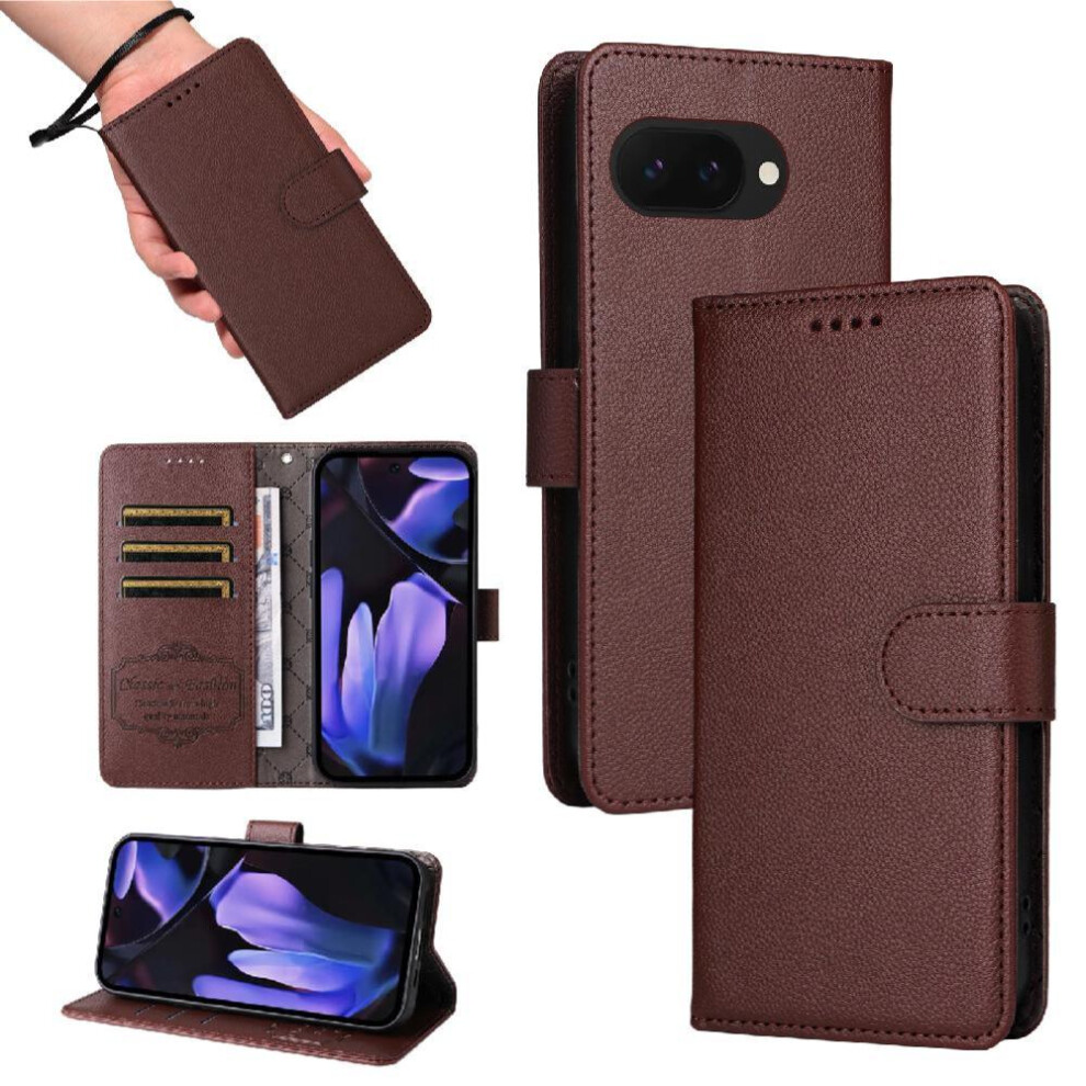 (Brown) Flip Case For Google Pixel 9A Crad Slot Magnetic Car Mount Wallet Wireless Charging Brown 764563694433