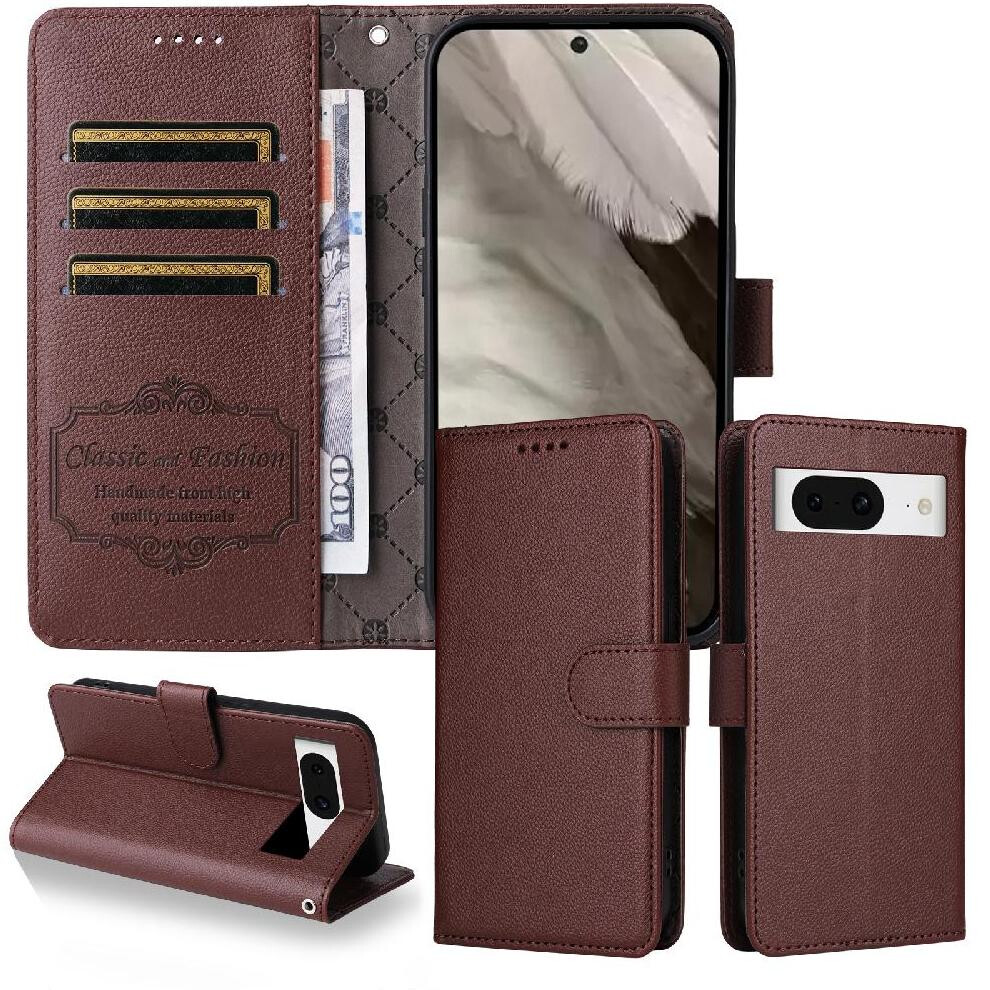 (Brown) Flip Case For Google Pixel 8A Magnetic Car Mount Crad Slot Wireless Charging Wallet Brown 764563694587