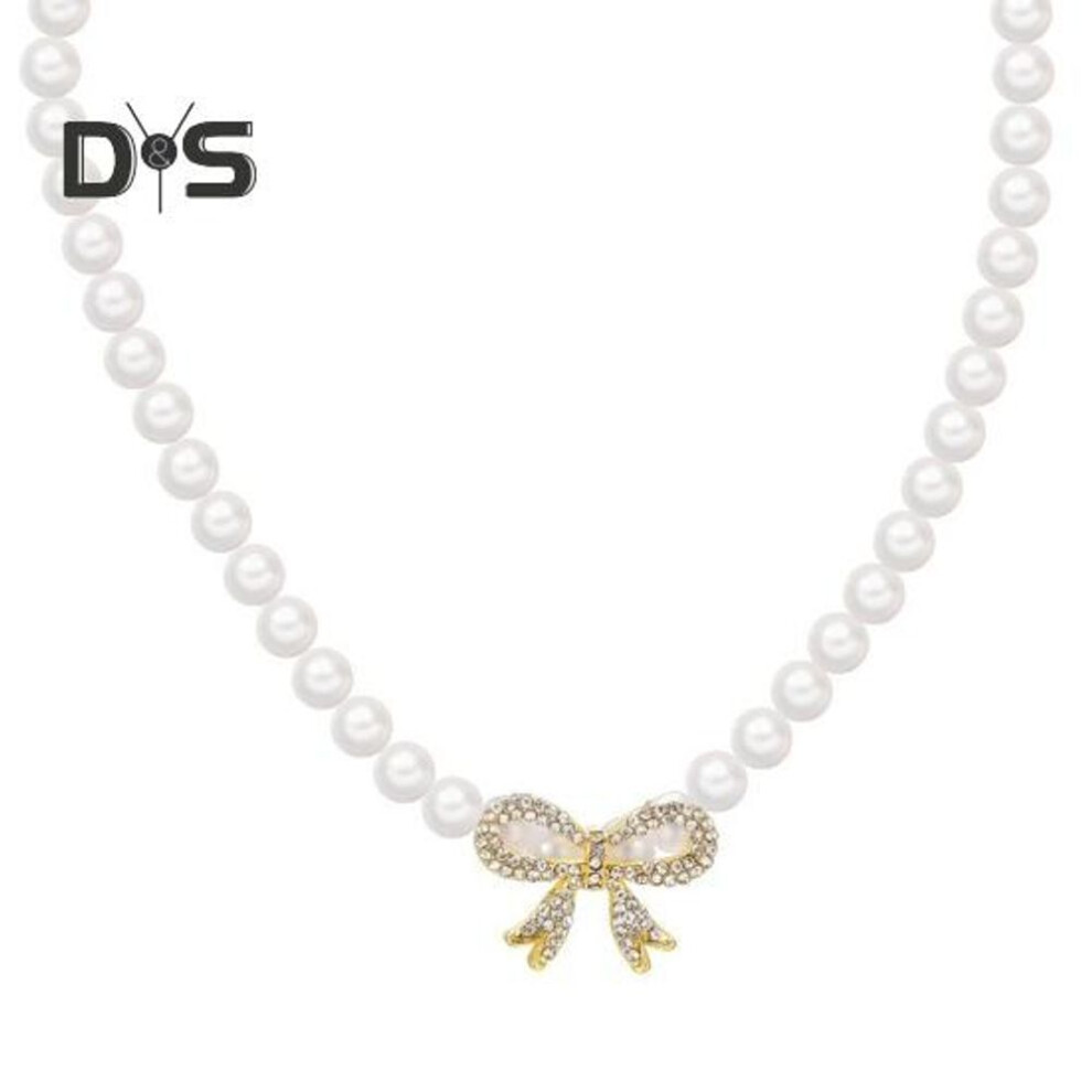 White Faux Pearl Choker Imitation Pearls Beaded Necklace With Cubic Zirconia Bow Wedding Jewelry For Women
