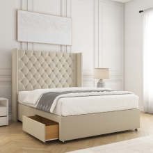 (Single-3ft (2 Drawers Footend side), Cream Plush Velvet) DOUBLE WINGED DIVAN DRAWERS STORAGE BED 54"CHESTERFIELD HEADBOARD+ORTHO MATTRESS