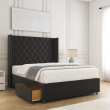 (Small Double-4ft (No Drawers), Black Plush) DOUBLE WINGED DIVAN DRAWERS STORAGE BED 54"CHESTERFIELD HEADBOARD+ORTHO MATTRESS