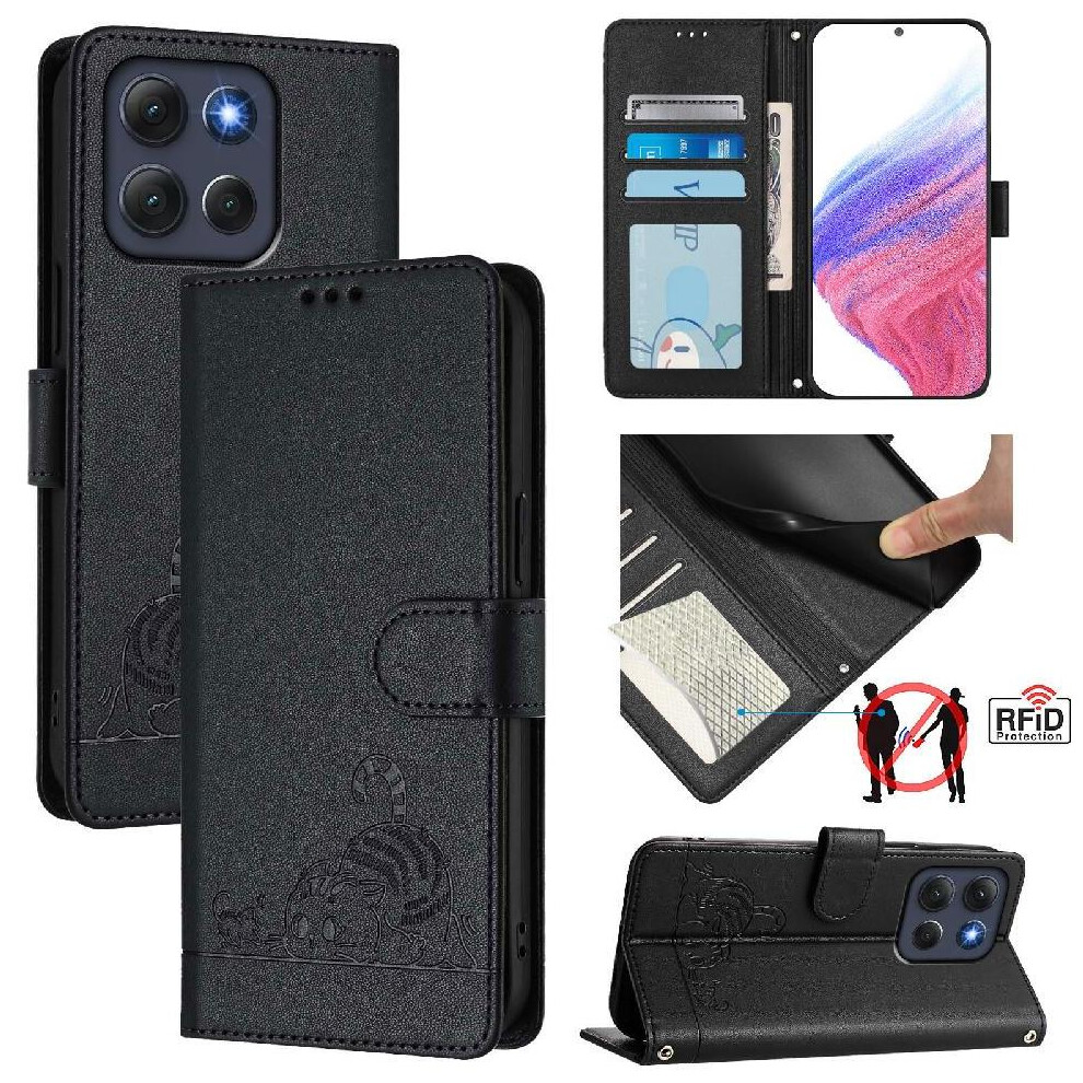 (Black) Case For Motorola Moto G86 Card Slot Holder Kickstand Cat Rfid Wallet Flip Cover Black 764563694969