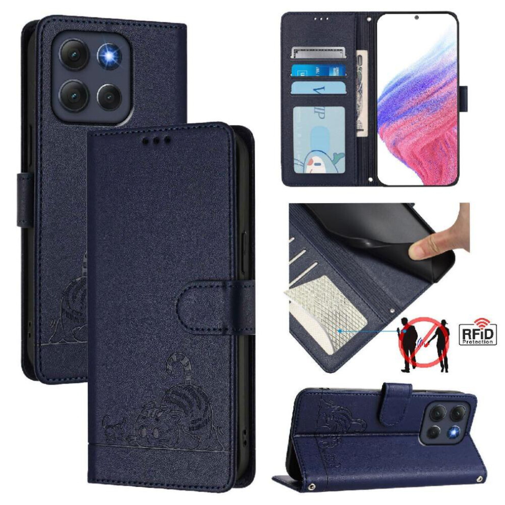 (Blue) Case For Motorola Moto G86 Card Slot Holder Kickstand Cat Rfid Wallet Flip Cover Blue 764563694976