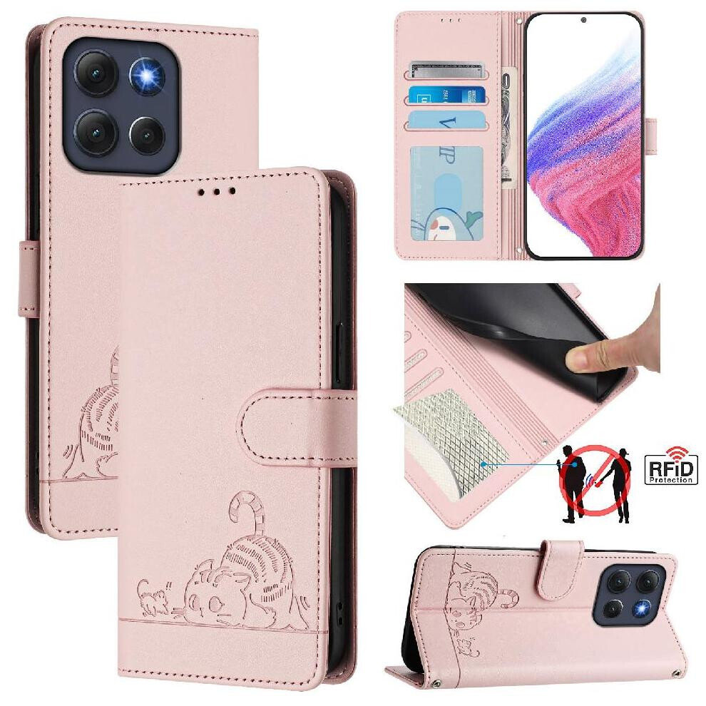 (Pink) Case For Motorola Moto G86 Card Slot Holder Kickstand Cat Rfid Wallet Flip Cover Pink 764563694952