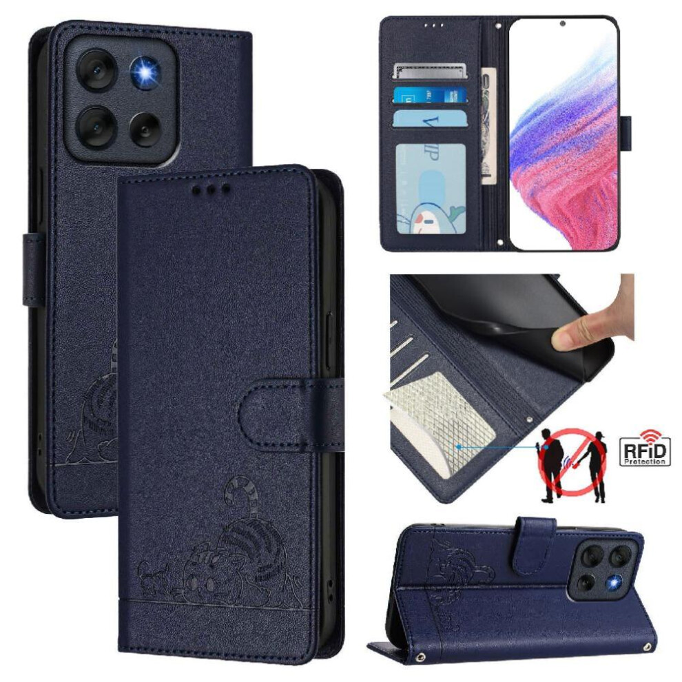 (Blue) Case For Motorola Moto G56 Wallet Flip Cover Card Slot Holder Kickstand Cat Rfid Blue 764563695034