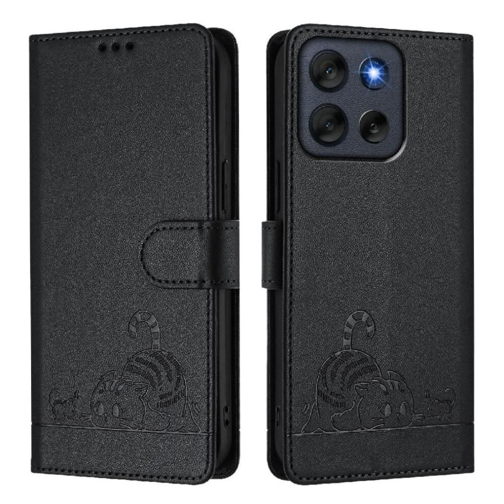 (Black) Case For Motorola Moto G56 Wallet Flip Cover Card Slot Holder Kickstand Cat Rfid Black 764563695027