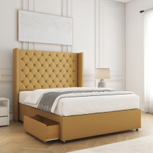 (Small Double-4ft (No Drawers), Mustard Plush) DOUBLE WINGED DIVAN DRAWERS STORAGE BED 54"CHESTERFIELD HEADBOARD+ORTHO MATTRESS