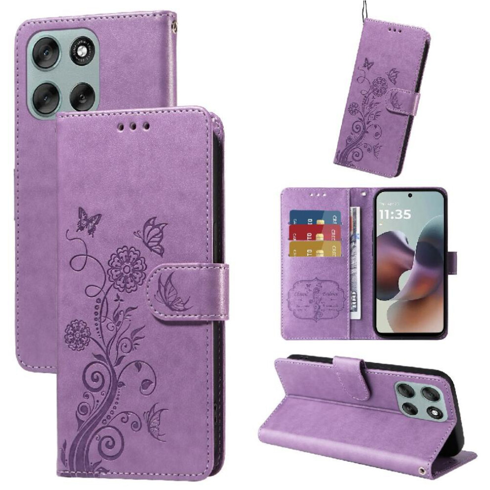 (Purple) Flip Case For Motorola Moto G56 Leather Flip Cardslots Flower Purple 764563695782