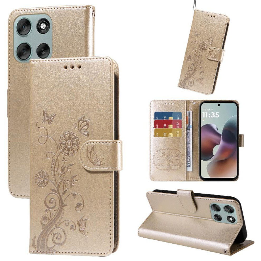 (Gold) Flip Case For Motorola Moto G56 Leather Flip Cardslots Flower Gold 764563695812