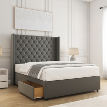 (Small Double-4ft (2 Drawers Footend side), Grey Plush) DOUBLE WINGED DIVAN DRAWERS STORAGE BED 54"CHESTERFIELD HEADBOARD+ORTHO MATTRESS