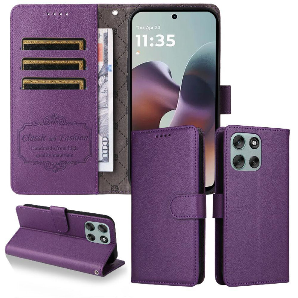 (Purple) Flip Case For Motorola Moto G56 Wallet Magnetic Car Mount Wireless Charging Crad Slot Purple 764563695850