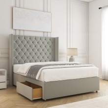 (Small Double-4ft (2 Drawers Footend side), Silver Plush) DOUBLE WINGED DIVAN DRAWERS STORAGE BED 54"CHESTERFIELD HEADBOARD+ORTHO MATTRESS
