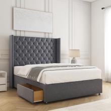 (Small Double-4ft (2 Drawers Footend side), Steel Plush) DOUBLE WINGED DIVAN DRAWERS STORAGE BED 54"CHESTERFIELD HEADBOARD+ORTHO MATTRESS