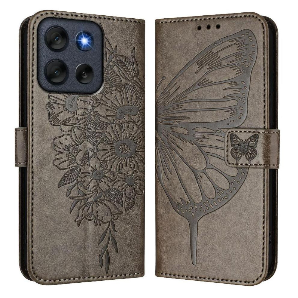 Photos - Case   for Motorola Moto G56 Embossing Butterfly Premium Leather Magnetic Flip Cover(Gray )
