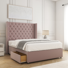 (King-5ft (No Drawers),  Pink Plush) DOUBLE WINGED DIVAN DRAWERS STORAGE BED 54"CHESTERFIELD HEADBOARD+ORTHO MATTRESS