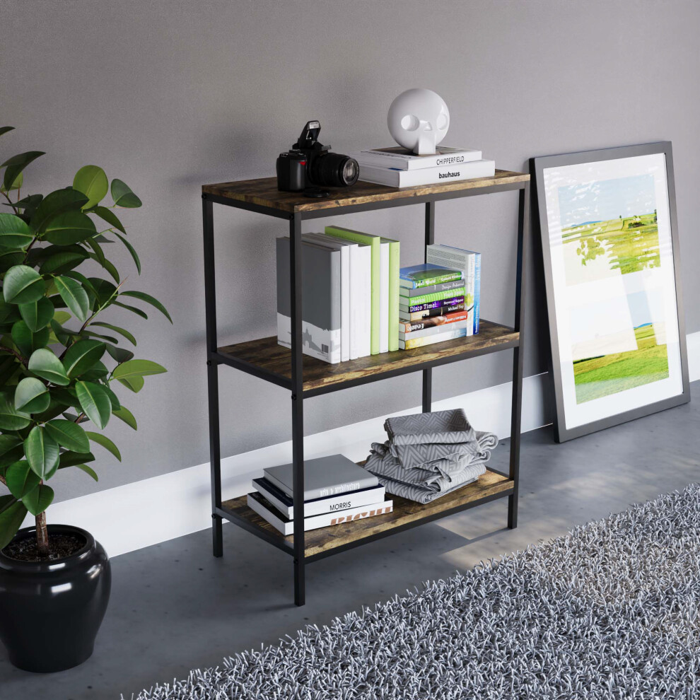 (Dark Wood) Brooklyn 3-Tier Industrial Bookcase Shelves