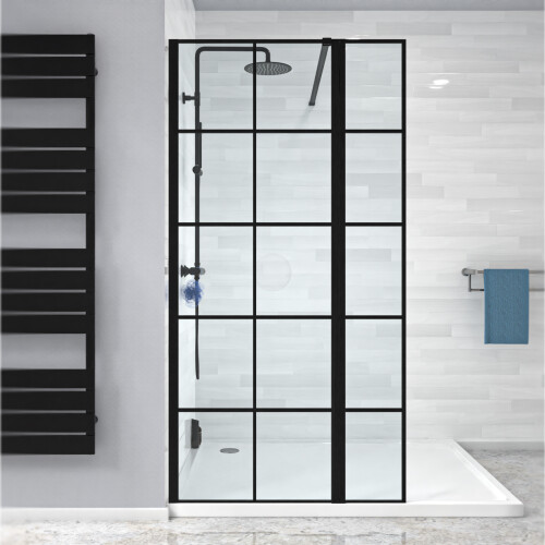 NES Home Nes Home Black Grid 700mm Shower Screen 8mm Tempered Glass With 300mm Return Panel 2