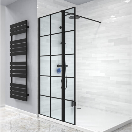 NES Home Nes Home Black Grid 700mm Shower Screen 8mm Tempered Glass With 300mm Return Panel