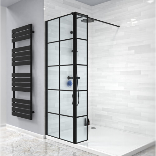 NES Home Nes Home Black Grid 700mm Shower Screen 8mm Tempered Glass With 300mm Return Panel 1